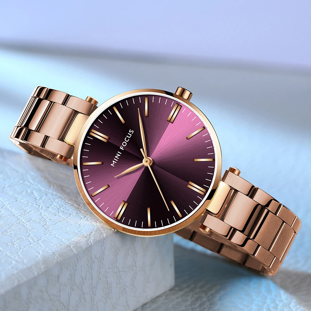 MINIFOUCS-Montre simple en acier pour femme, quartz violet, étanche, marque de luxe, horloge à la mode pour fille