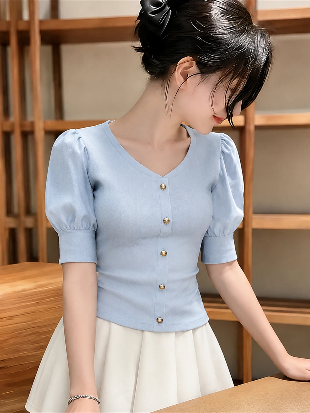 

Sweet Bubble Sleeve Casual Style Anti-Aging Women's Shirt Korean Version Slim Fit Short Sleeve Pure Color Summer Top