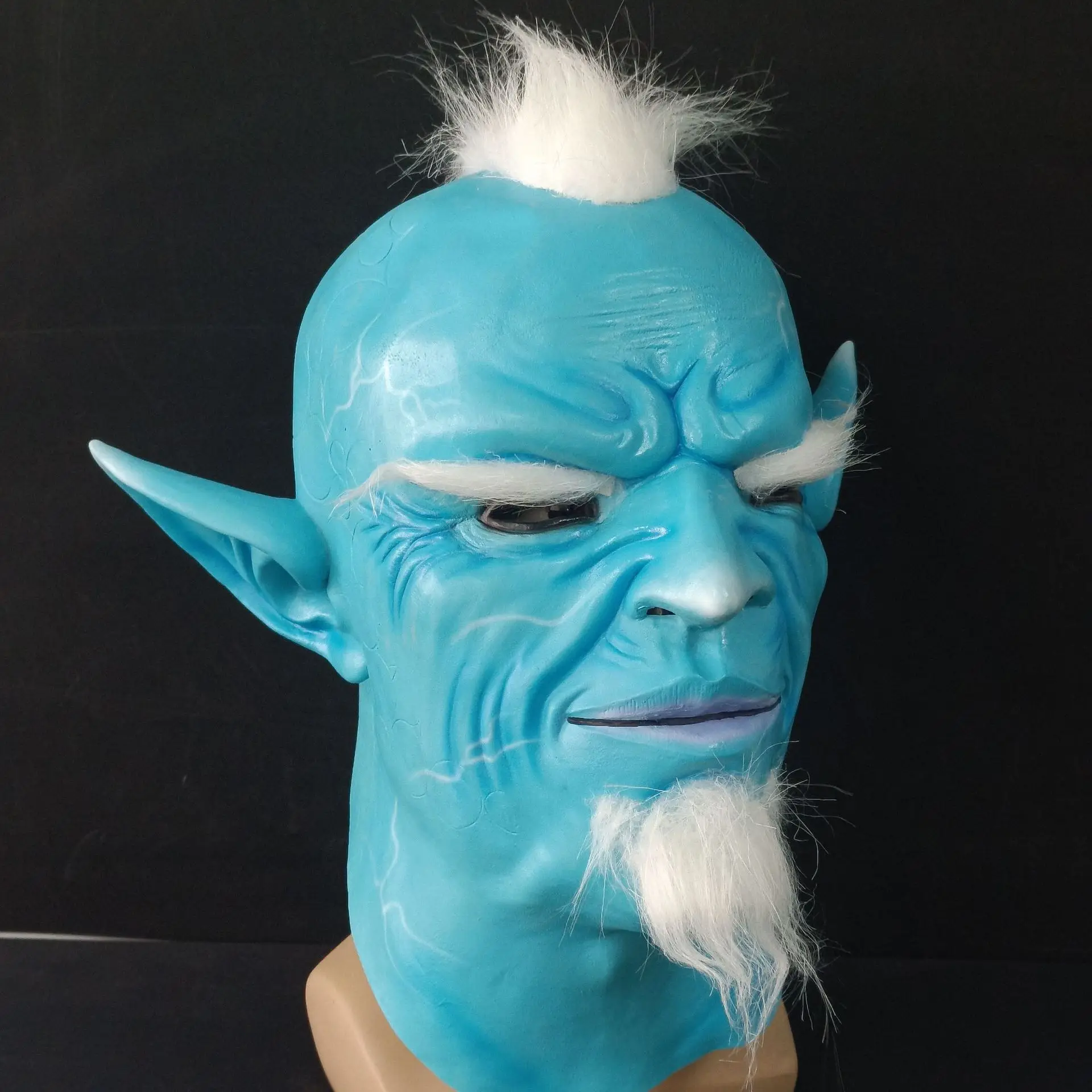 Blaue Fantasy-Elfen-Vollkopfmaske aus Latex mit weißem Haar, Bart, spitzen Ohren, Erwachsenen-Cosplay-Maske, Halloween-Karneval-Themenparty-Requisite – Detail 3