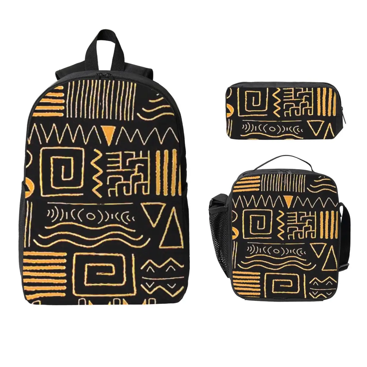 

African Bogolan Mudcloth Backpack Student Boys Girls BookBag School Bag Laptop Shoulder Bags 3ps Insulated Lunch Bag Pencil Case