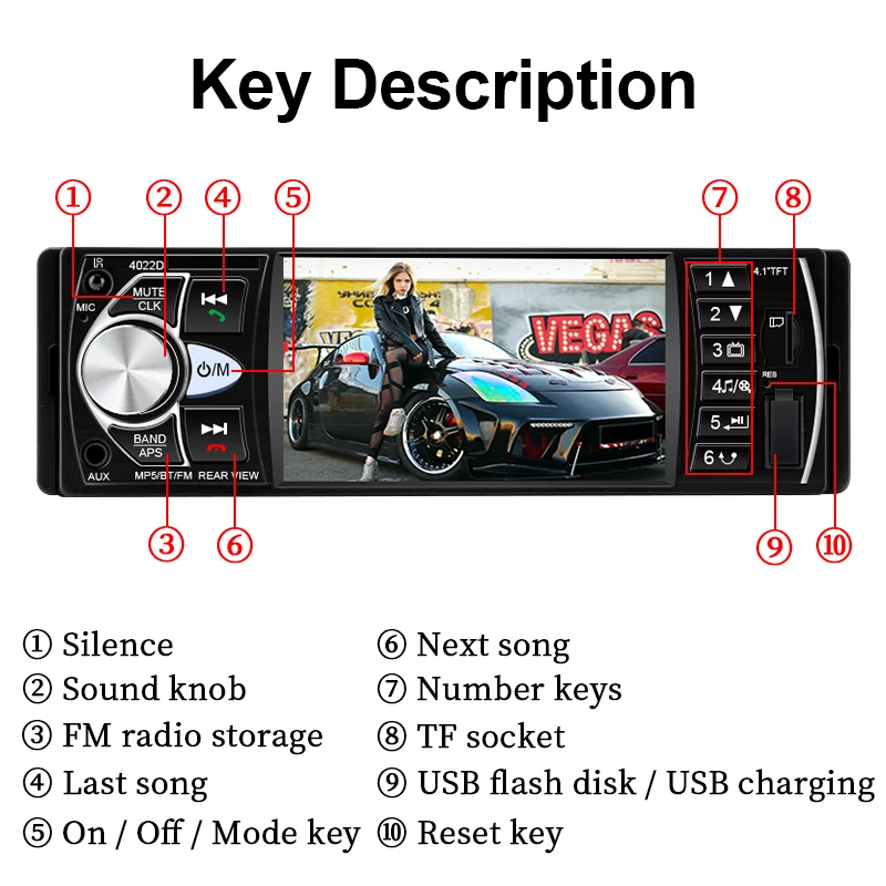  Hippcron 4,1-Zoll-Autoradio 1 Din Bluetooth Stereo-Audio mit FM-Unterstützung, Ladeanschluss, Rückfahrkamera, Lenkradfernbedienung, 12V Universal – Detail 8