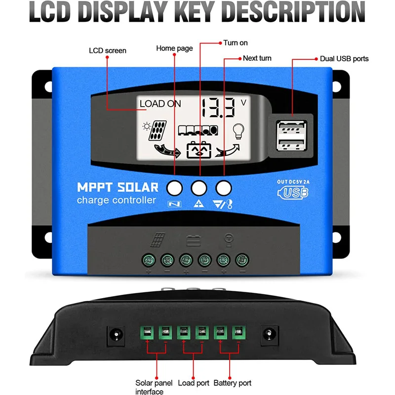 MPPT Solar Charge Controller 100A 12v/24v Current Auto Focus Charging LCD Display Car Battery Board Charger Regulator with Load - view 3