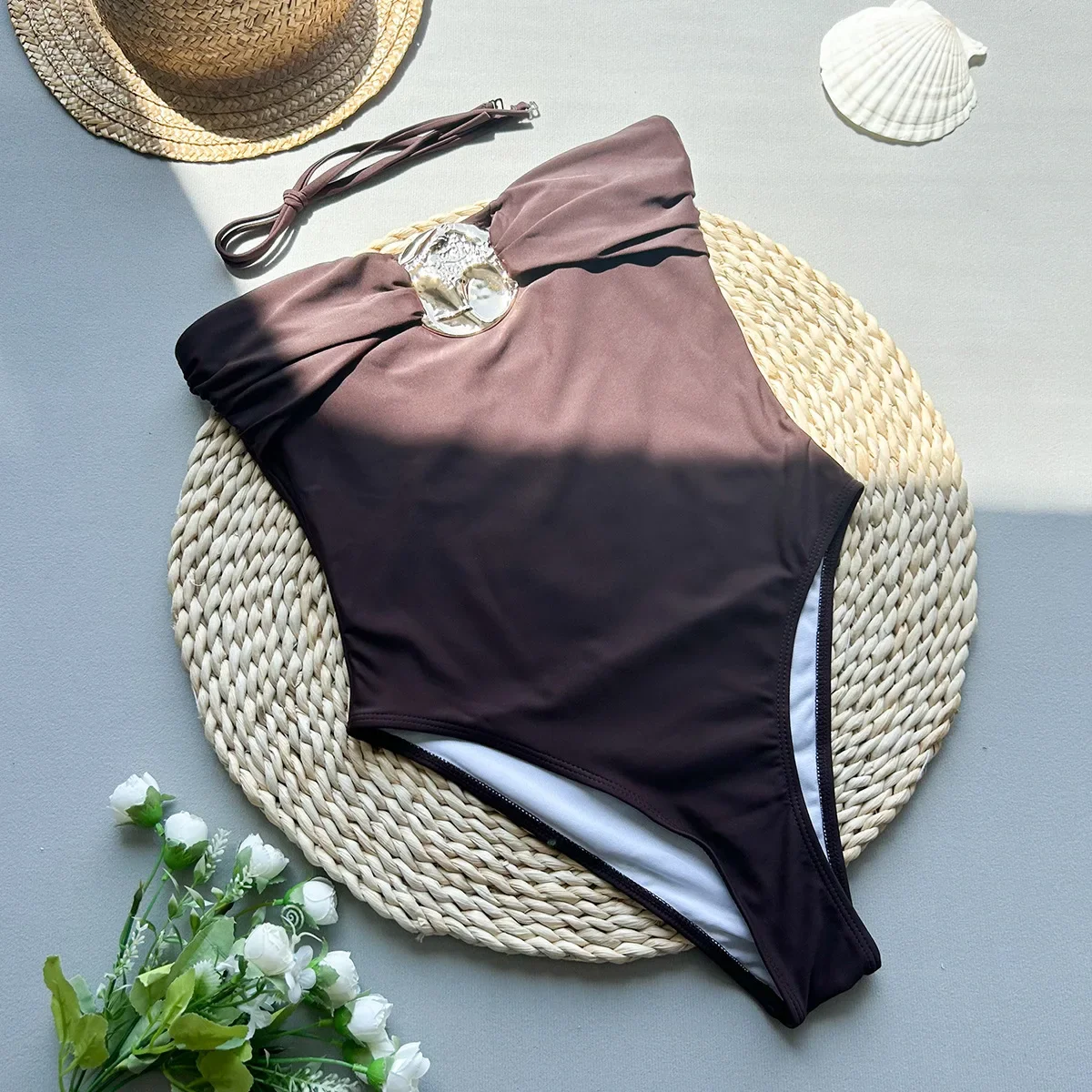 sexy metal bandeau swimsuit one piece black and brown thong Bikinis Swimwear Swimsuits beach outfits bodysuit biquini