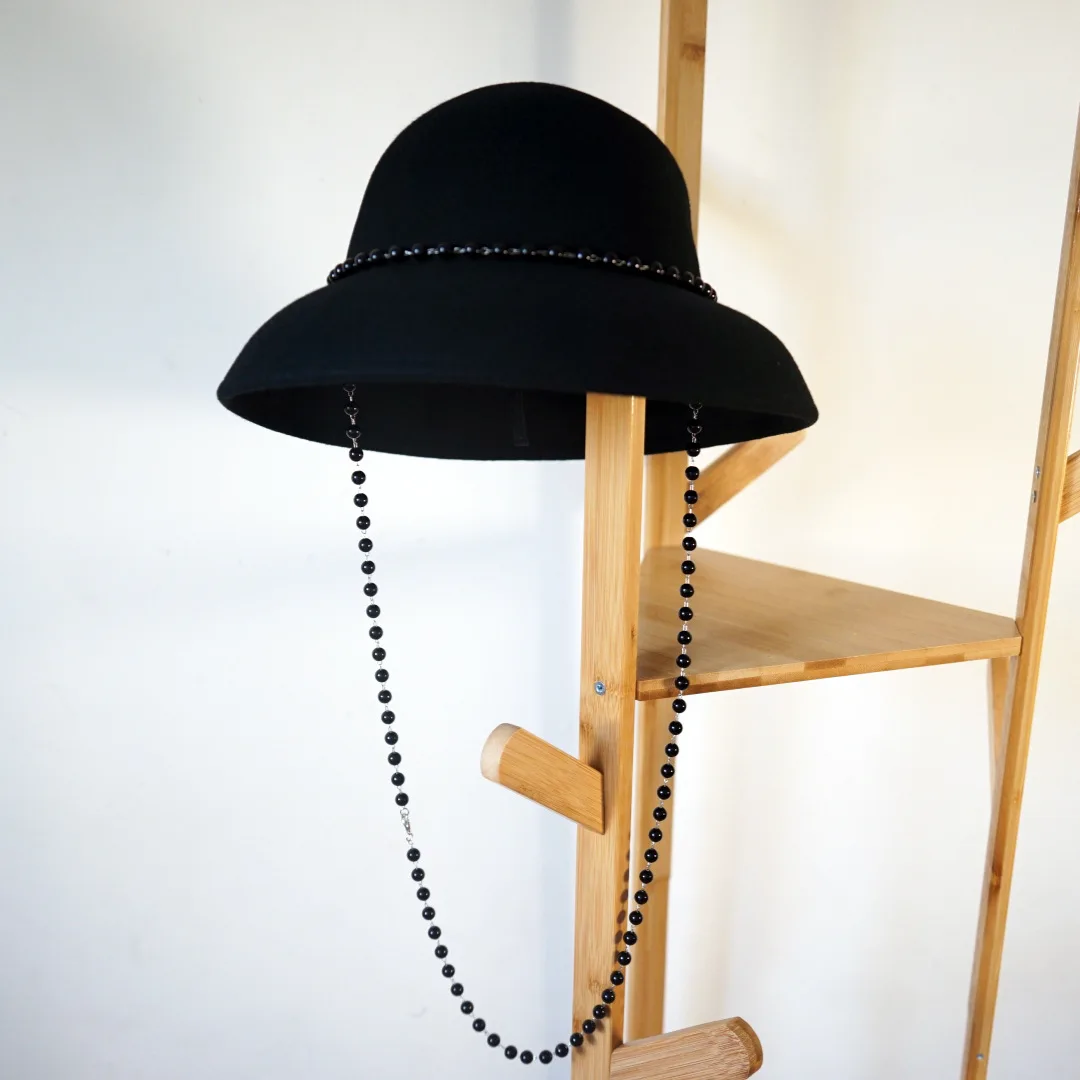 French retro Hepburn style black wool pearl chain lampshade hat Ladies elegant fashion British bell shaped Chinese top hat