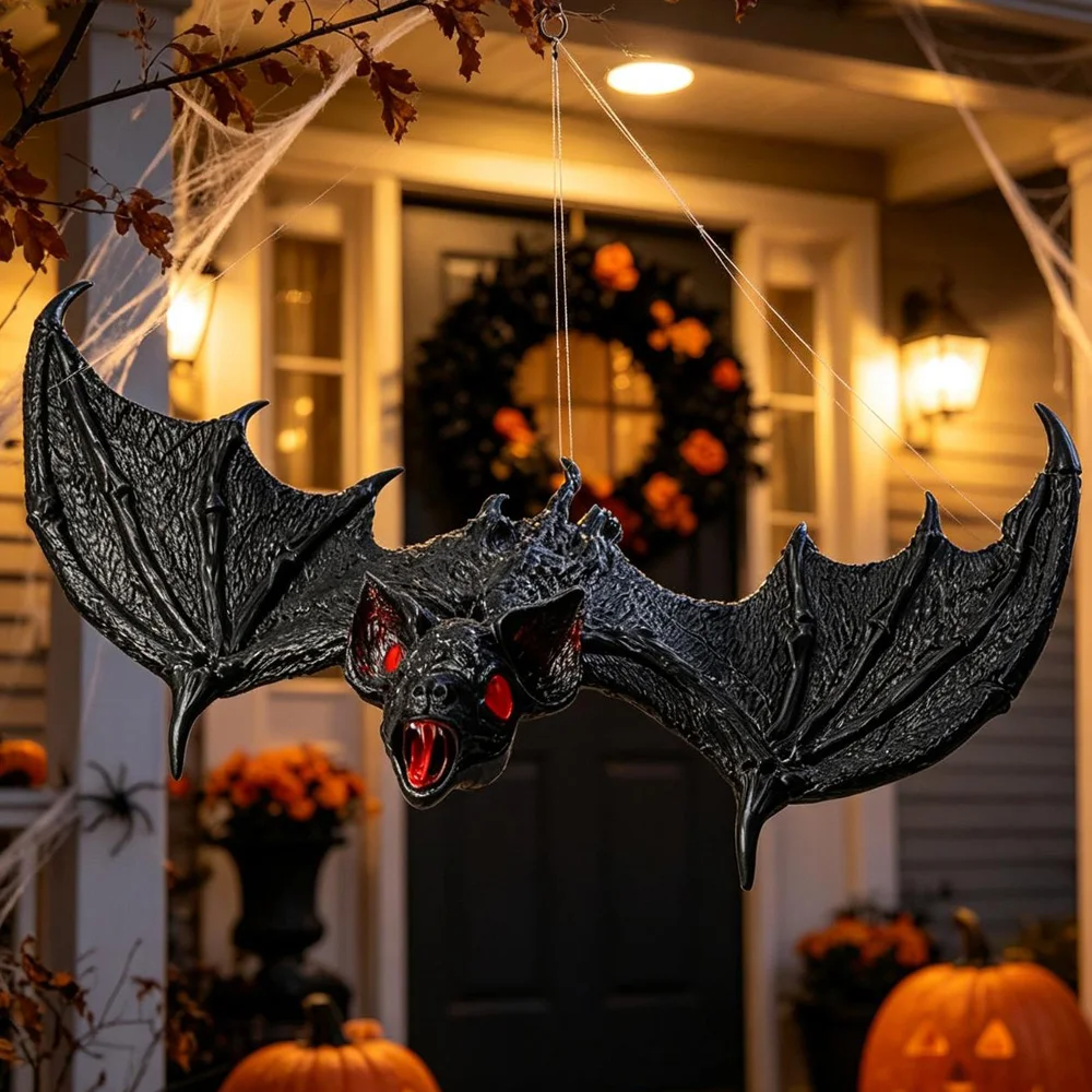 Black Bat Hanging Decor Big Realistic Pu Ornament Giant Animal Pendant Haunted House Halloween Party Home Yard Wall Decor Props