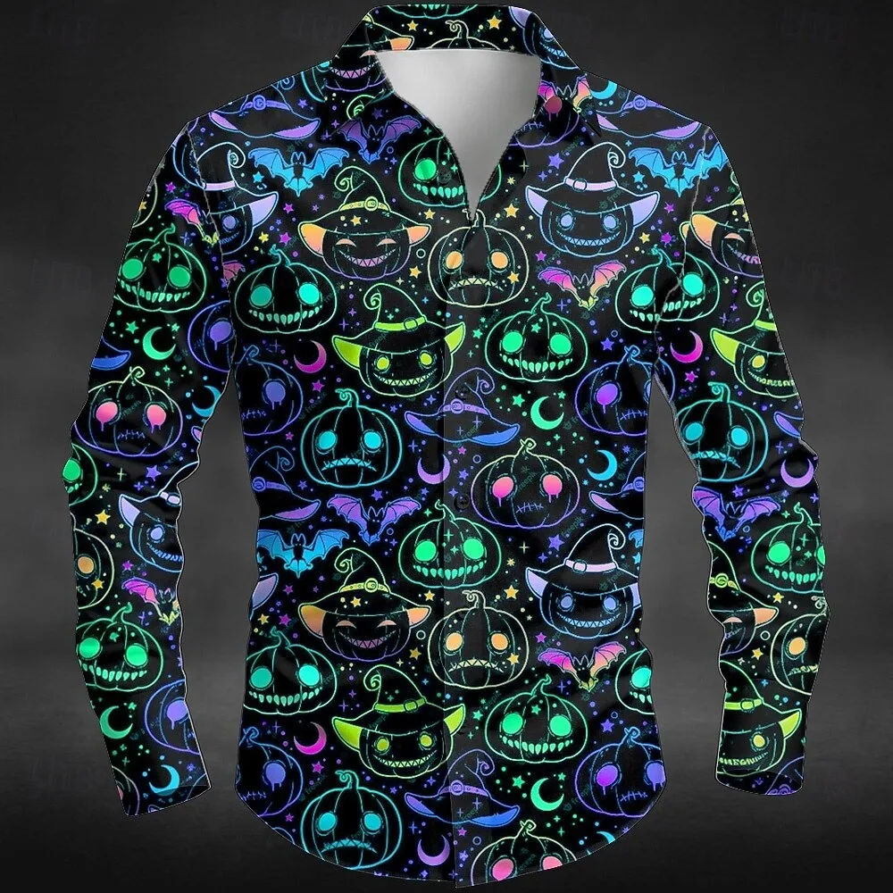 

Halloween Men's Pumpkin Neon Halloween Costumes Shirt Button Up Shirt Long Sleeve Outdoor Holiday Summer Spring Turndown Shirts
