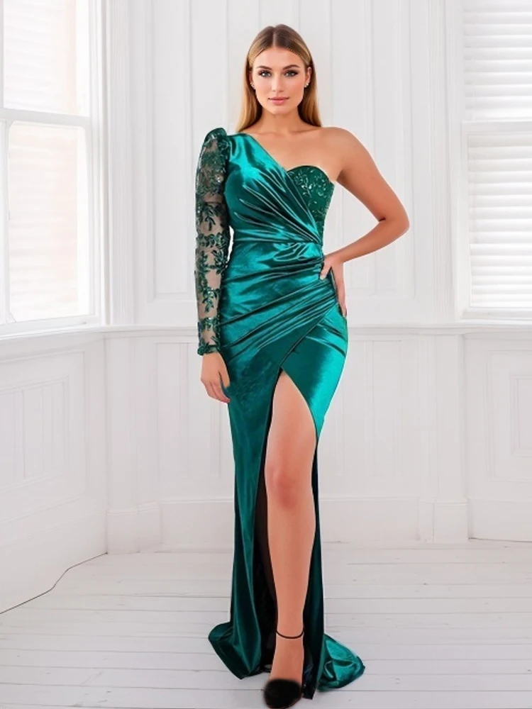 Romagic Green One Shoulder Full Sleeve Embroidered Split Evening Party Dress Cocktail Prom Strapless Sequin Pleated Gown Women