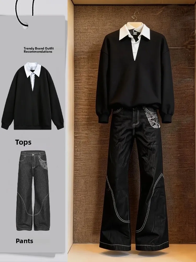 

Cool Men's Fake Two-Piece Hoodie Set Spring Faion Long Sve Long Pants Advanced Sensation Sli Ensemble Casual Wear