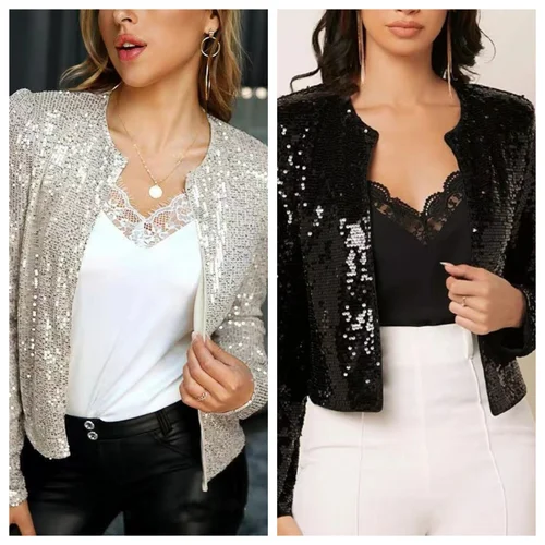 Chaqueta de lentejuelas de fiesta para mujer, cárdigan delgado de manga larga, vestido de calle, chaqueta de lentejuelas frontal abierta, ropa femenina