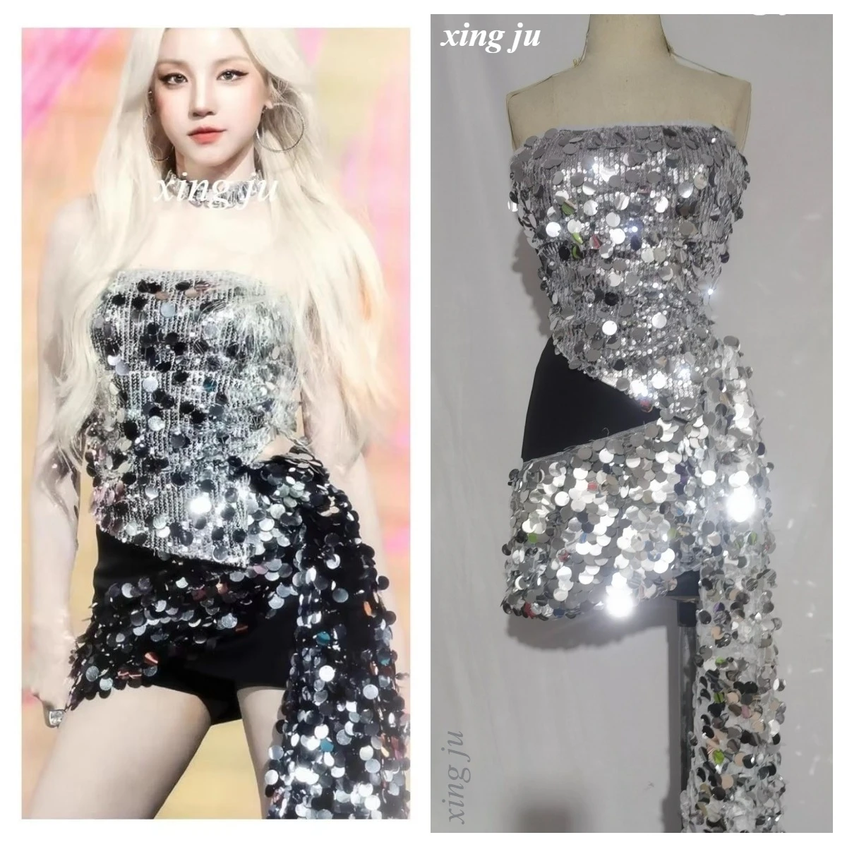 

Kpop Singer Concert Sexy Silver Sequins Strapless Tops Irregular Patchwork Skirt Women Nightclub DJ Jazz Dance Stage Costumes