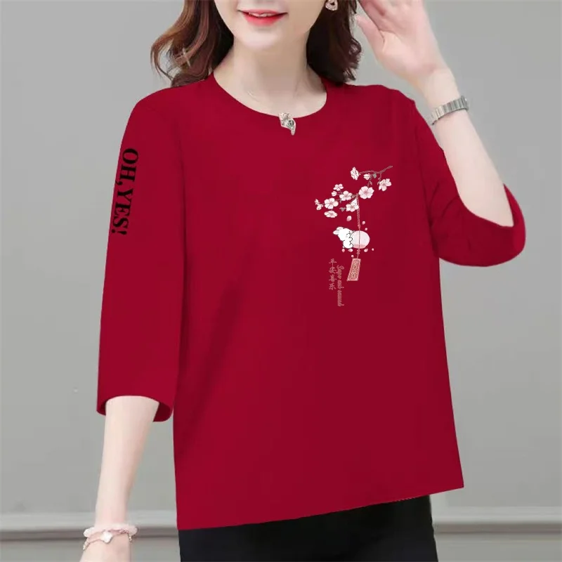 

Loose Fit Mom T-Shirt Women's plus Size Belly Covering Mid-aged And Elderly Seven-eighth Sleeve round Neck Slimming Top