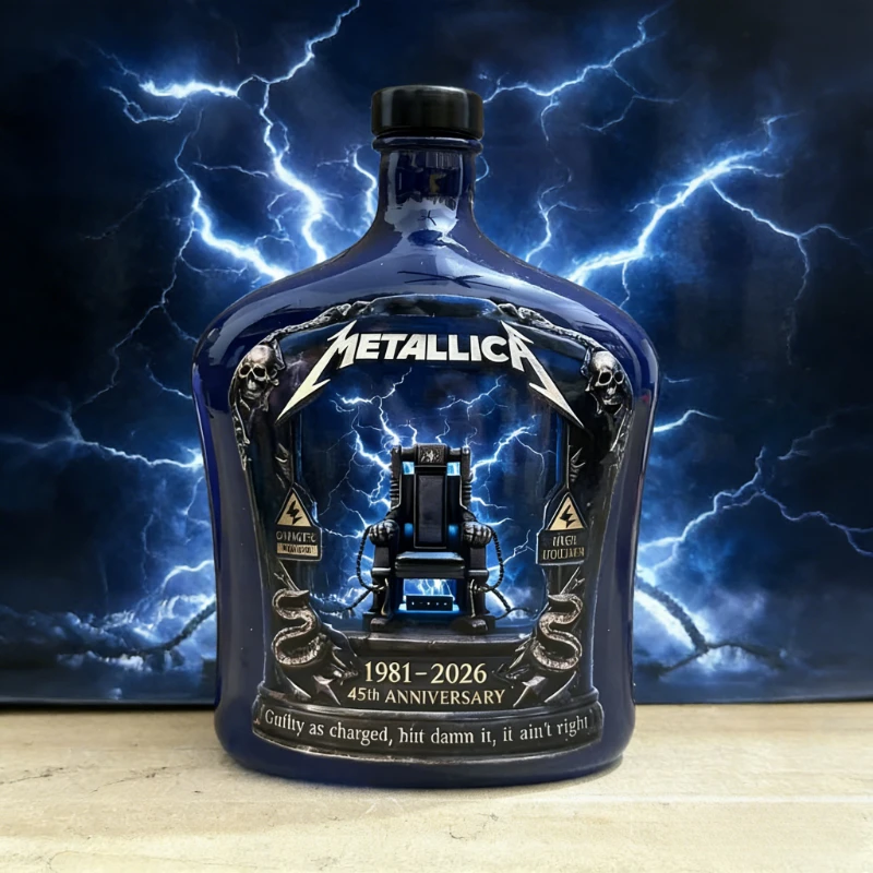 Metallica 45th Anniversary 1981-2026 Blue Ceramic Whiskey Bottle - Lightning Electric Chair Design Collection Decorative Bottle - view 4