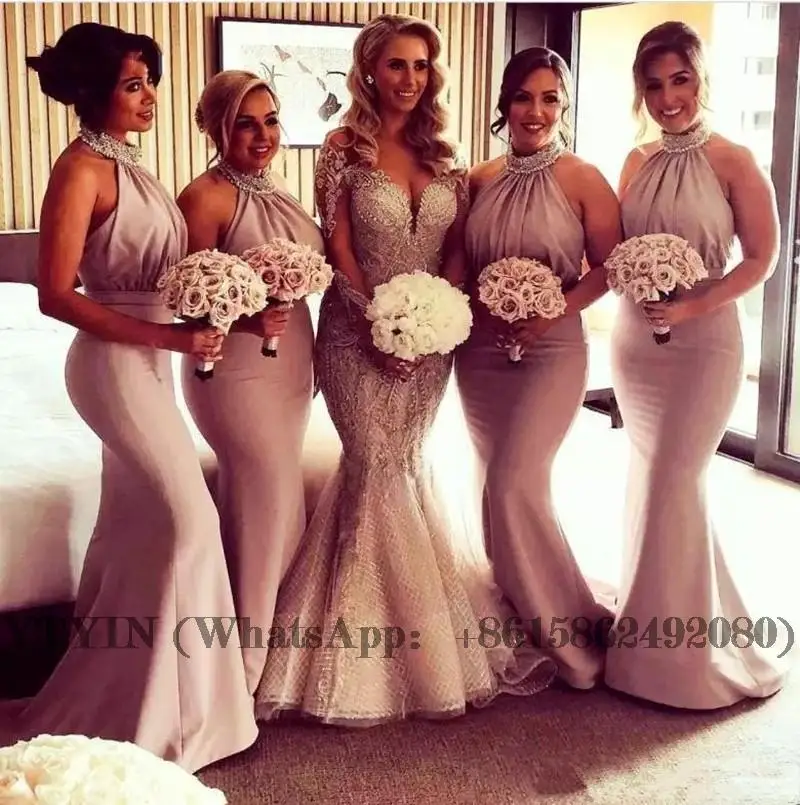 

Mermaid Bridesmaid Dresses Fashion High-Neck Court Train Wedding Party Gowns Fast Delivery