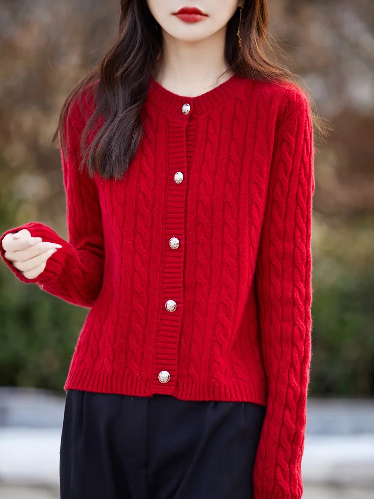 

Spring Autumn 100% Merino Wool Sweater Women O-neck Twist Flower Cardigan Cashmere Knitwear Clothing Korean Popular Short Coat