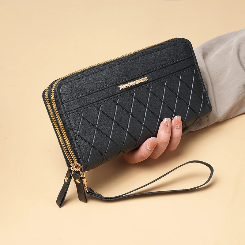 2024 new double zipper ladies' long wallet fashion rhombic large-capacity mobile phone bag multi-card wrist bag tide