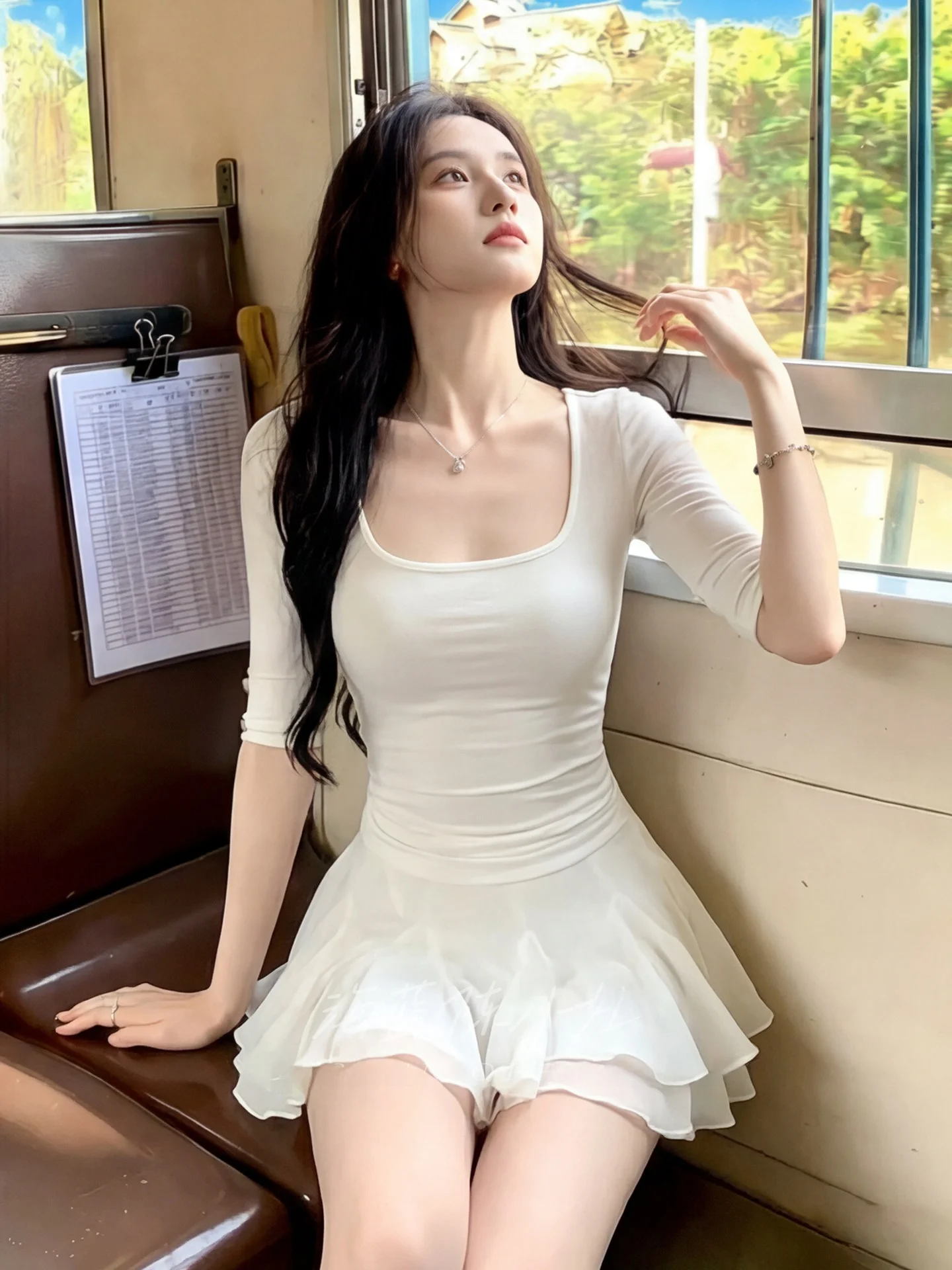 

Korean Style Pure Desire Set Women's Small Size Slim Fit U-Neck Mid-Sleeve T-Shirt Top A-Line Skirt Two-Piece Set