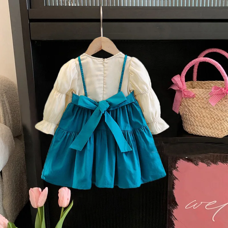 Spring And Autumn New Fake Two Piece Baby Girl Long Sleeve Dress, Korean Style Children\'S Clothing