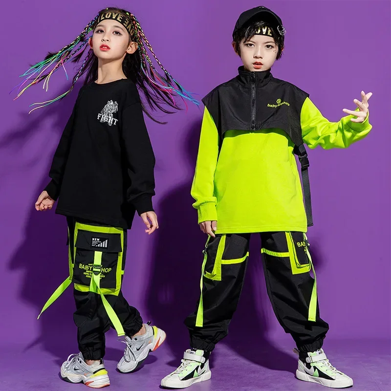 Modern Dance Hip Hop Outfits Girls Fashion Vest Long-sleeved Sweatshirt Loose Pant Set Streetwear Boys Jazz Dance Rave Clothes