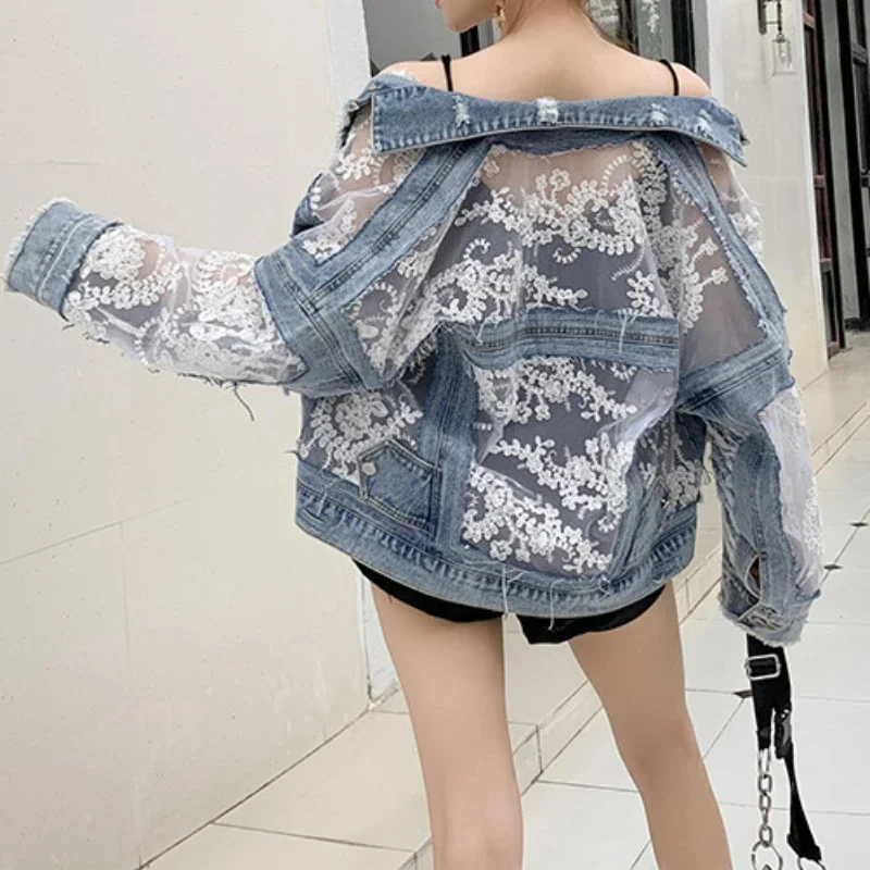 Cotton Denim Coat Women Lace Spring Autumn Ropa Cardigan Jeans Maxi Punk Gothic Bomber Jacket Windbreaker Y2k Jackets Korean