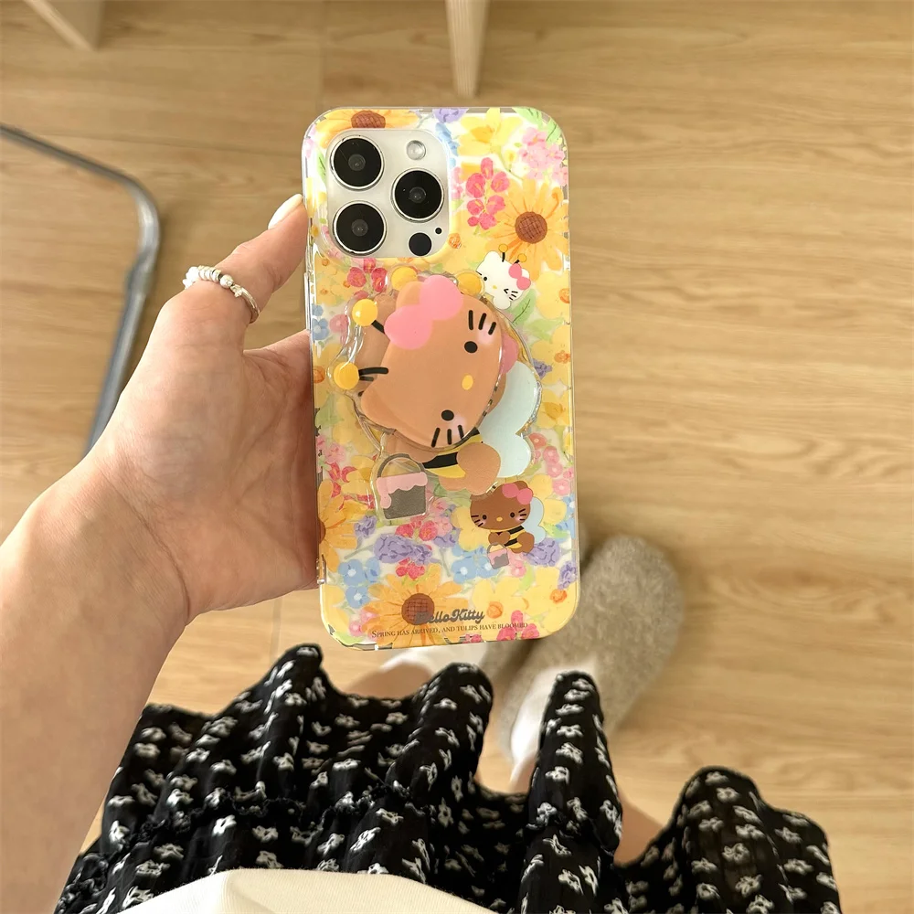 

Hello Kitty Magnetic Holder Magsafe Wireless Charge Phone Case For iPhone 16 15 14 13Pro Max Oil Painting flower cute back Cover