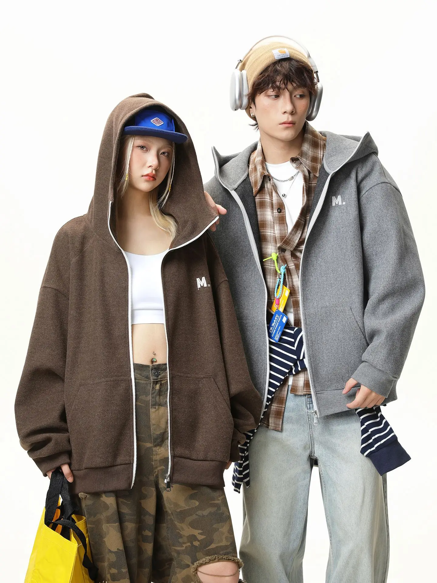 

Contrast-Color Zipper Wool Hoodie for Men and Women Autumn Vintage Oversized Couple's Heavyweight Thickened Jacket