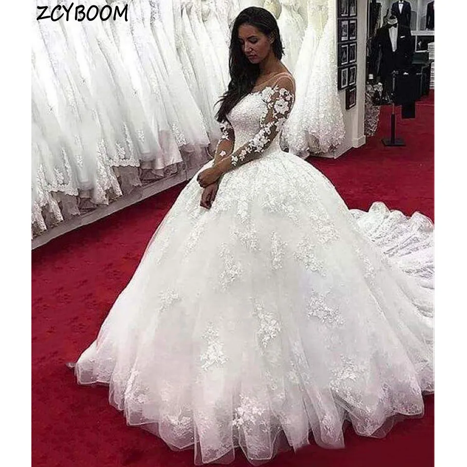 

Elegant White O-Neck Appliques Long Sleeves Wedding Dress 2024 Ball Gown Floor Length Sweep Train Tulle Custom Made Bridal Gown