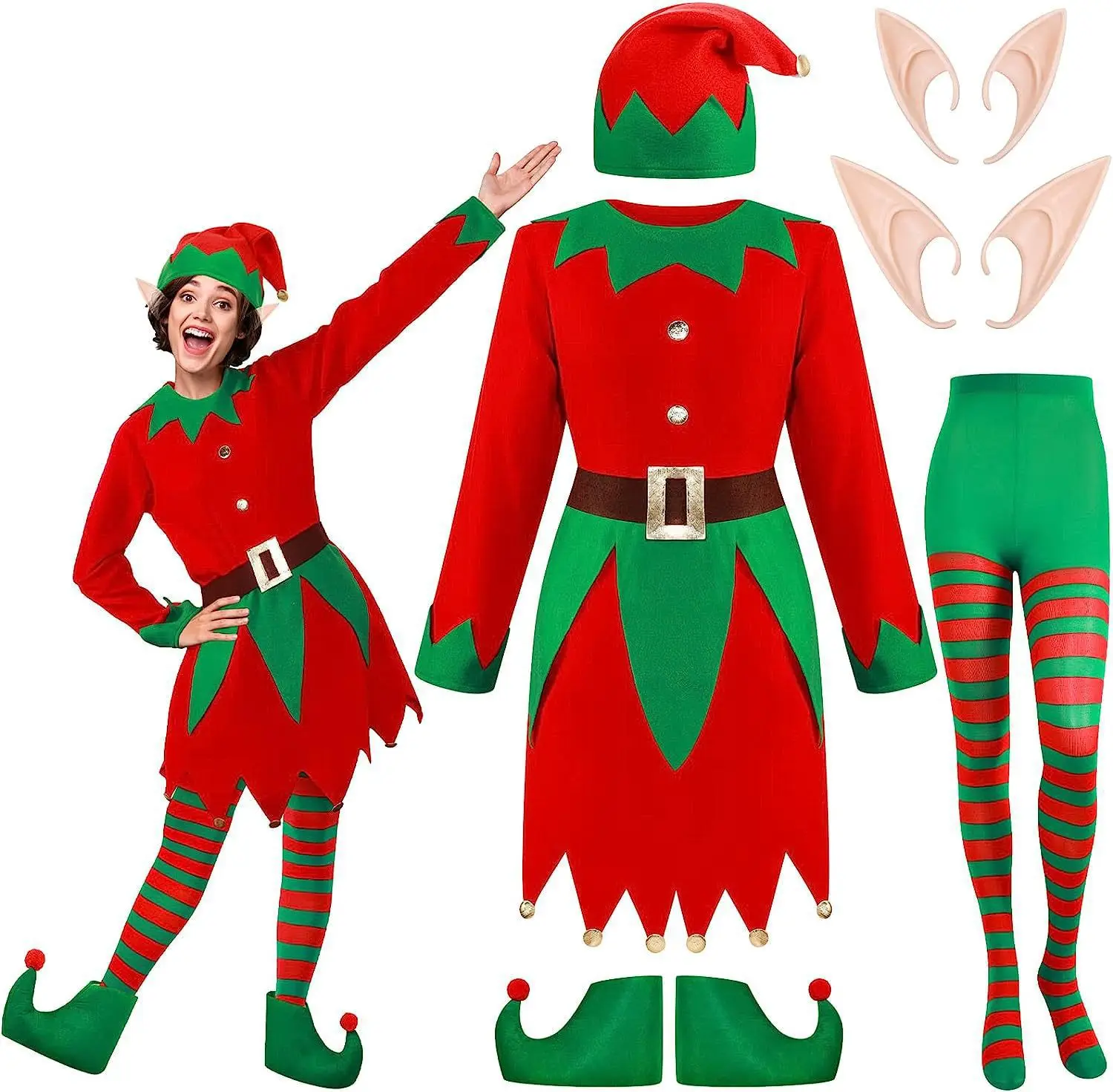 Christmas Elf Costumes Kids Adult Santa Claus Tops Pants Hat Belt Family Matching Clothes Set Women Men Carnival New Year Outfit