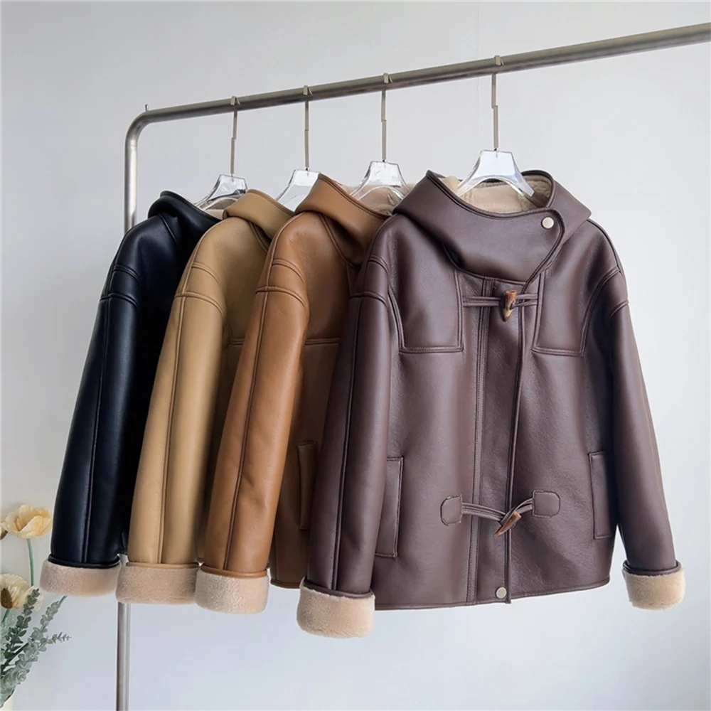 Abrigo de lana de cuero sólido Vintage para mujer, chaquetas gruesas y cálidas con capucha, prendas de vestir informales, abrigos básicos versátiles