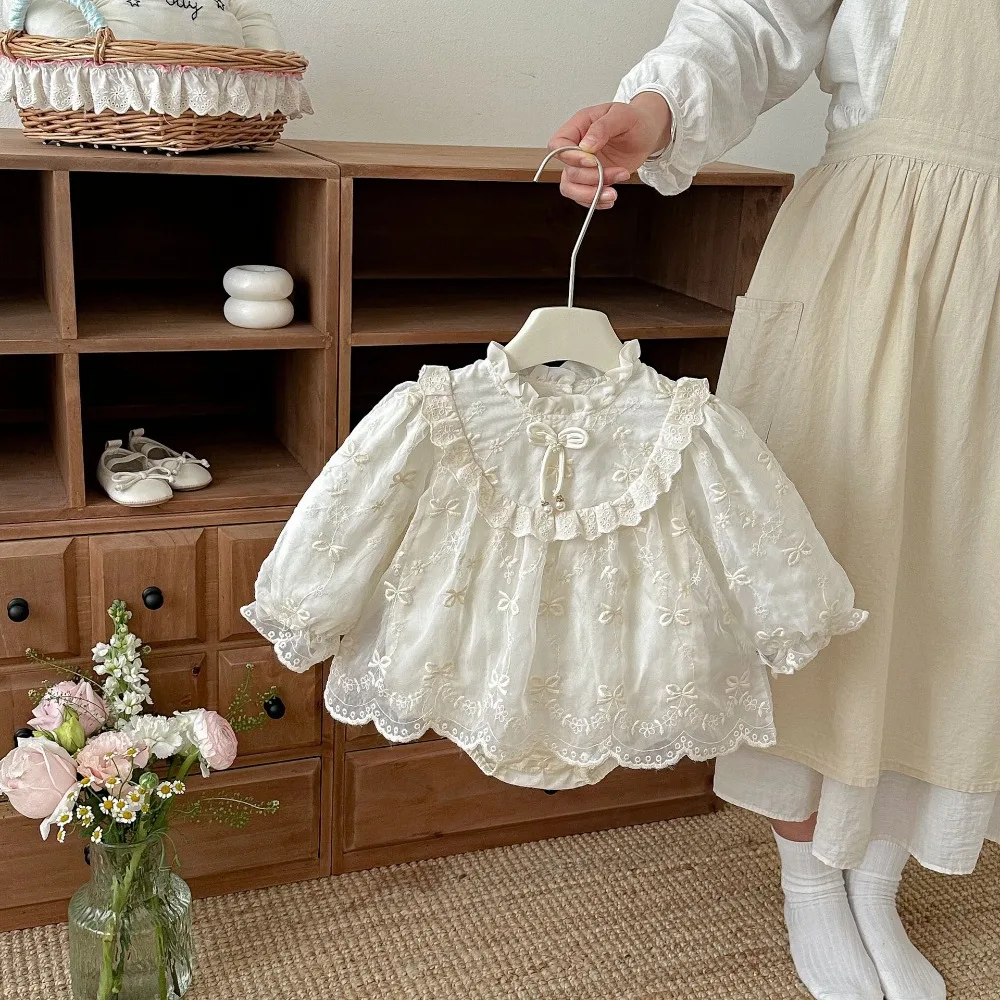 Princess Baby Girl Dress Romper 0-2Years Cute Newborn Solid Color Bow Embroidery Lace Skirted Bodysuit Birthday Party Clothes