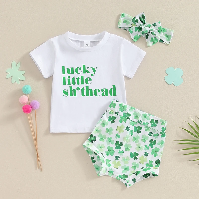 

Infant Baby Girl St Patricks Day Outfit Letter Print Short Sleeve T-Shirt Clover Shorts Headband 3Pcs Set