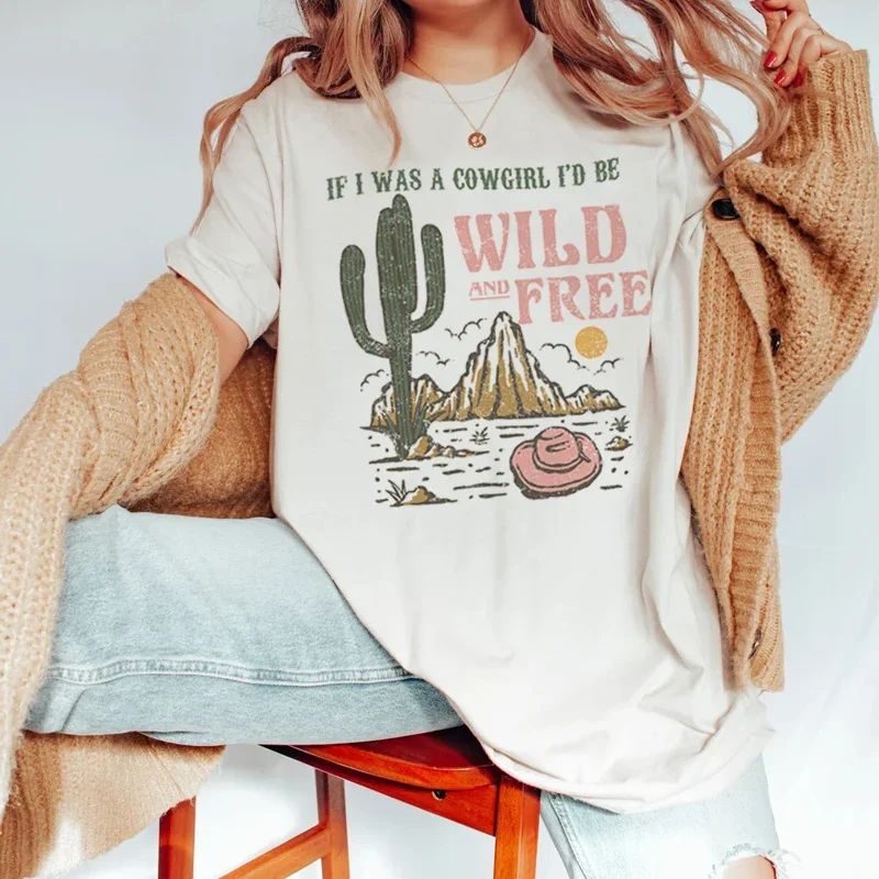 Sommer Frauen Übergroße Vintage Western T-Shirts Cowgirl Wild Free Desert Cactus Grafik T-shirt Nette Country Musik Tees Retro Top