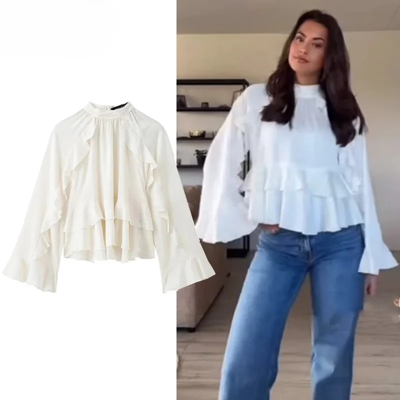 

Autumn New Women Cropped Ruffle Blouse Long Sleeve Top Ruched Plain Shirts Layered Beautiful Female Blouses