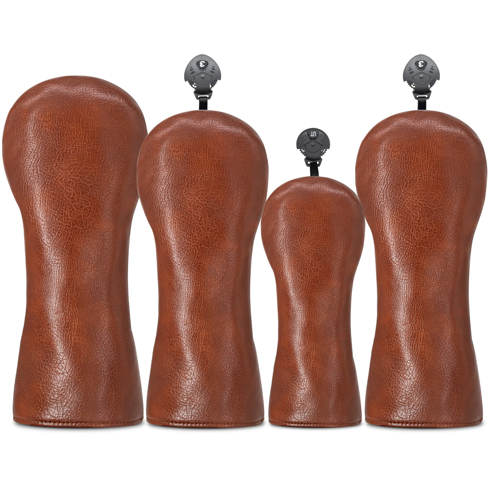 Braune Golfschläger-Kopfhüllen für Driver, Fairway, Hybrid und Holzschläger, Schutz mit Elastikband, PU-Leder-Headcovers mit Samtfutter
