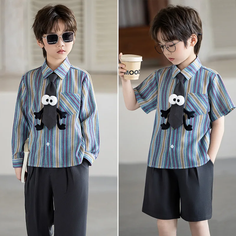 Boys Cartoon Eye Tie Outfit Colorful Striped Short Sleeve Shirt & Black Pleated Shorts Kids Suit for Birthday Party & Daily Wear