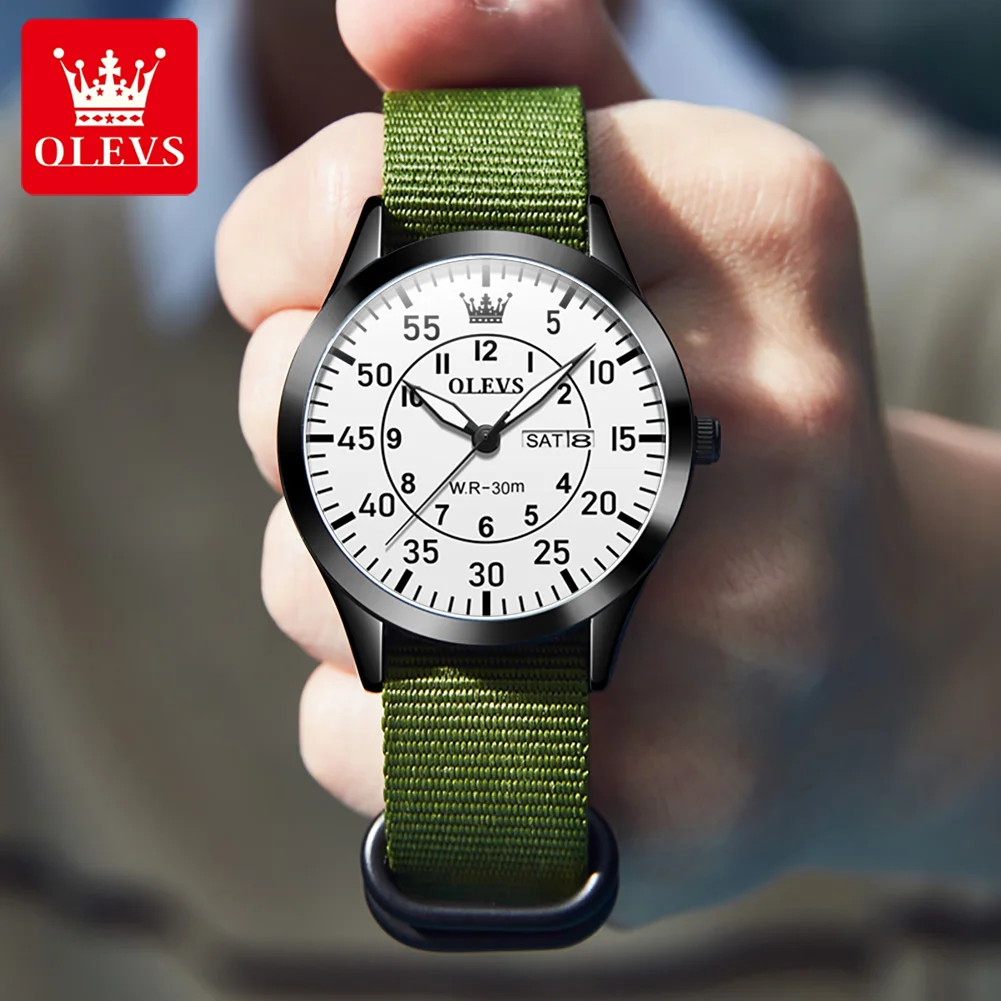 OLEVS-ساعة كوارتز مضادة للماء للرجال ، ساعة رجالية ، مضيئة ، تاريخ الأسبوع ، حزام نايلون ، فاخر ، رياضي ، علامة تجارية مميزة ، موضة جديدة ، 9973