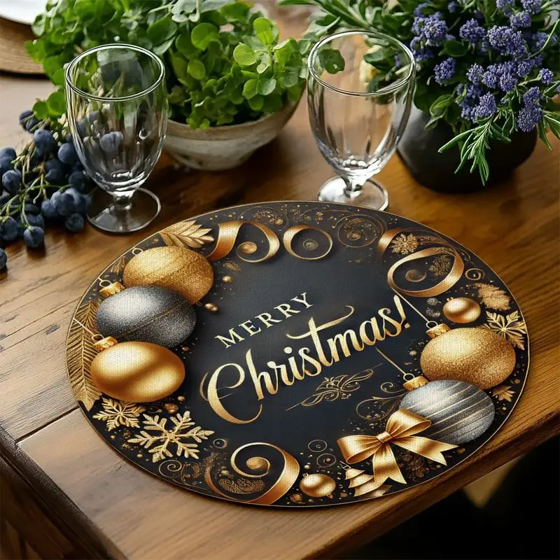 VIKAMA Noir Gilded Holiday Orb Ribbon Round Placemat Charcoal Canvas Amber Ball Frost Bow Luxury Xmas Table Mat Fun Decor Soft