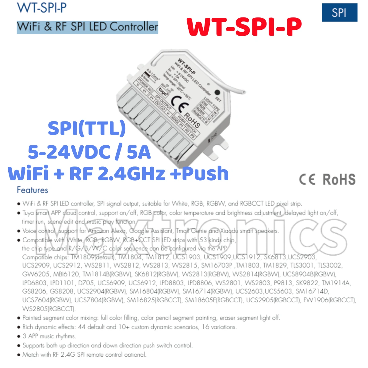 Skydance WiFi & RF SPI LED Controller WT-SPI-P/ WT-SPI MAX1000 Pixel Tuya Smart APP for WS2811 WS2812RGB/ RGBW LED Strips Light