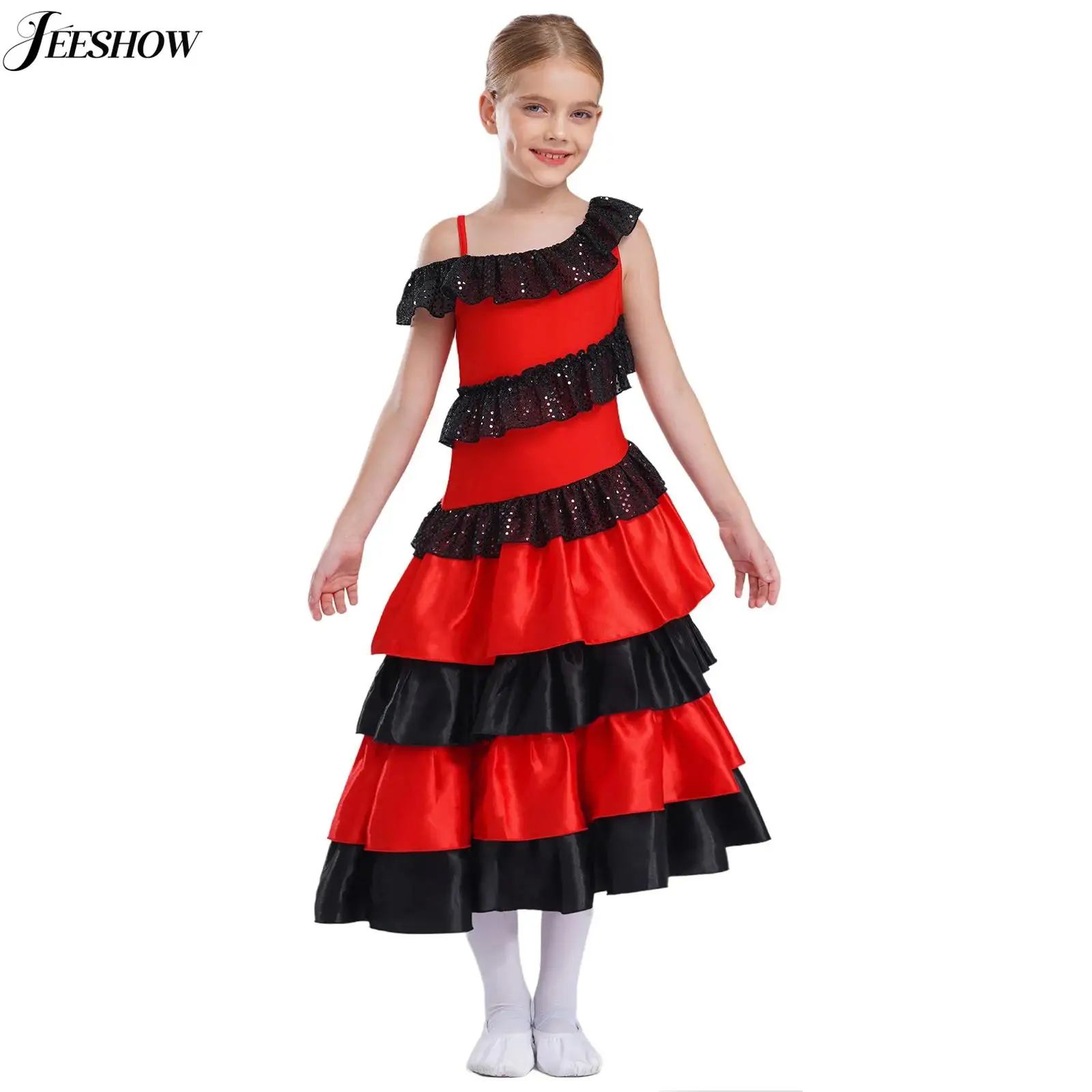 Vestito da ballo di flamenco per bambina, vestito da ballo con paillettes a blocchi di colore, a strati, con volant e spalle scoperte, costume da spettacolo di danza folclórica
