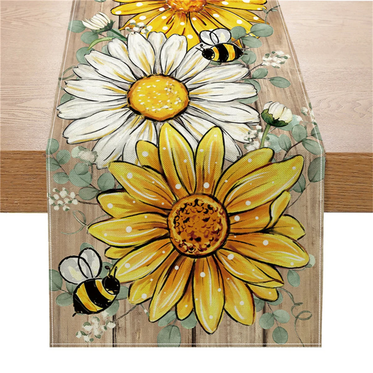 Rustic Sunflower Daisy Table Runner, Farmhouse Bee & Floral Table Decor for Spring, Summer, Kitchen & Dining Room Table Settings