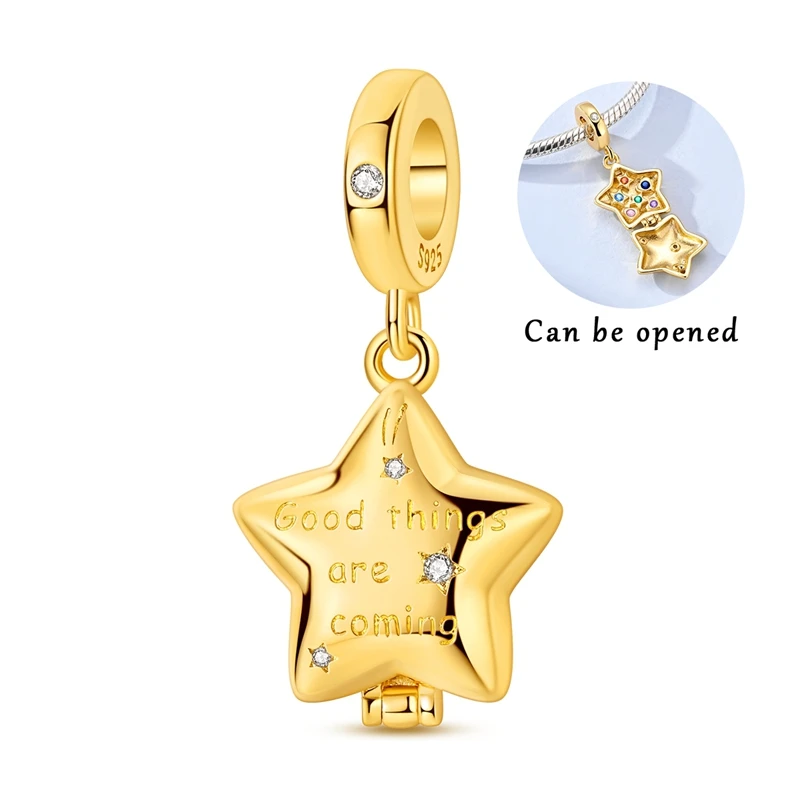

925 Sterling Silver Charms Bead Gold Lucky Star Dangle Fit Original Bracelet DIY Women Jewelry