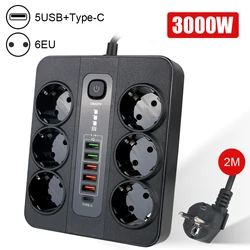 3000W Overload Protection For Office Home Extension Socket With Safety Switch Outlet Power Strip EU Plug 2M Cable USB Type C