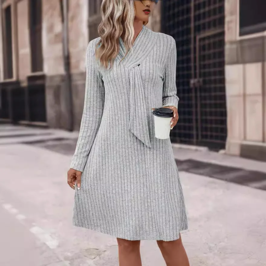 new vestidos para mujer solid color Vertical stripe dress necktie long-sleeve vestido knitted mini dress short dresses for woman