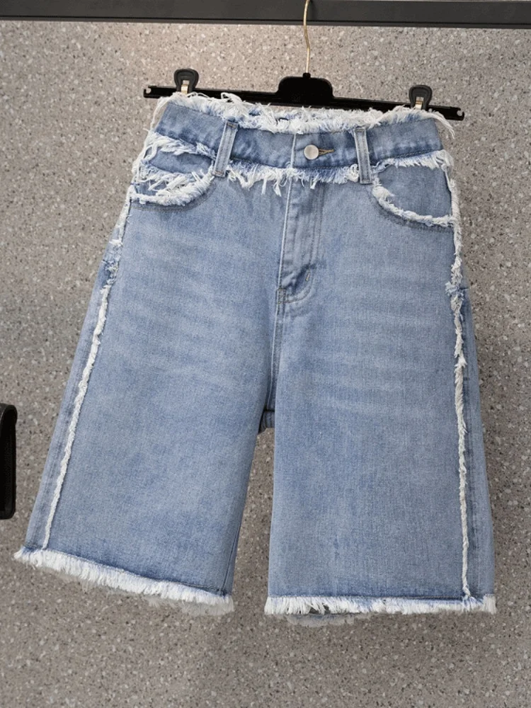 

Утягивающие модные женские джинсы больших размеров с высокой талией, летние свободные повседневные брюки «пять четвертей» до середины икры