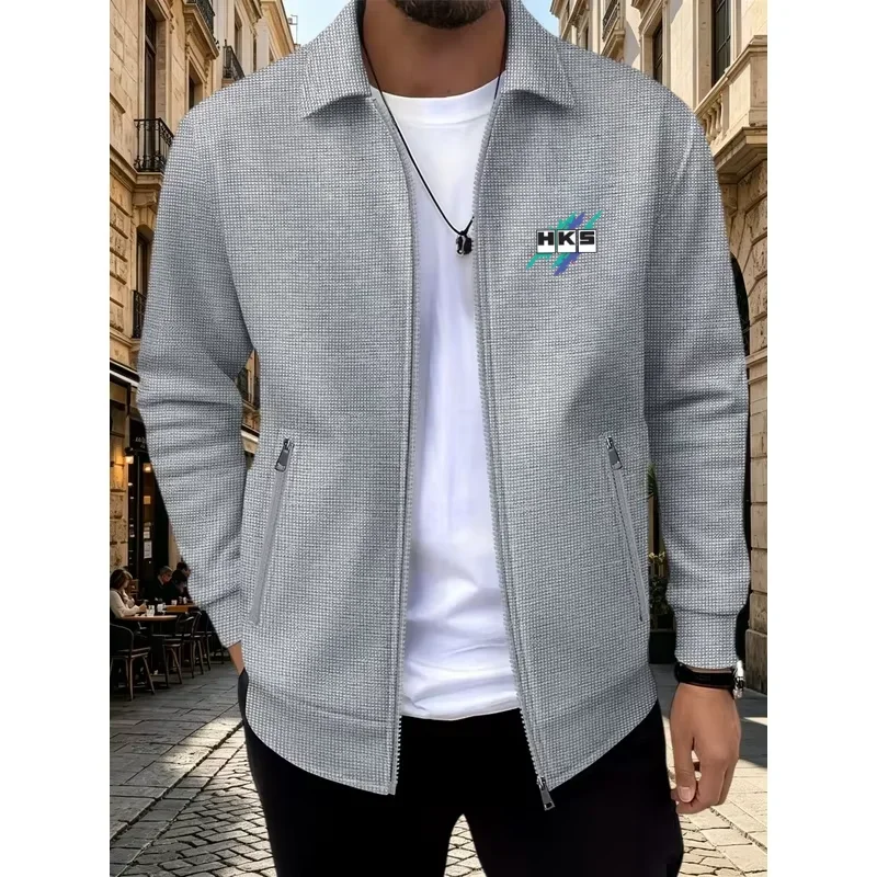 Autumn Men Waffle Knit Lapel Zipper Jacket HKS Graphic Print Casual Street Coat Men Long Sleeve Car Racing Tuning Outerwear