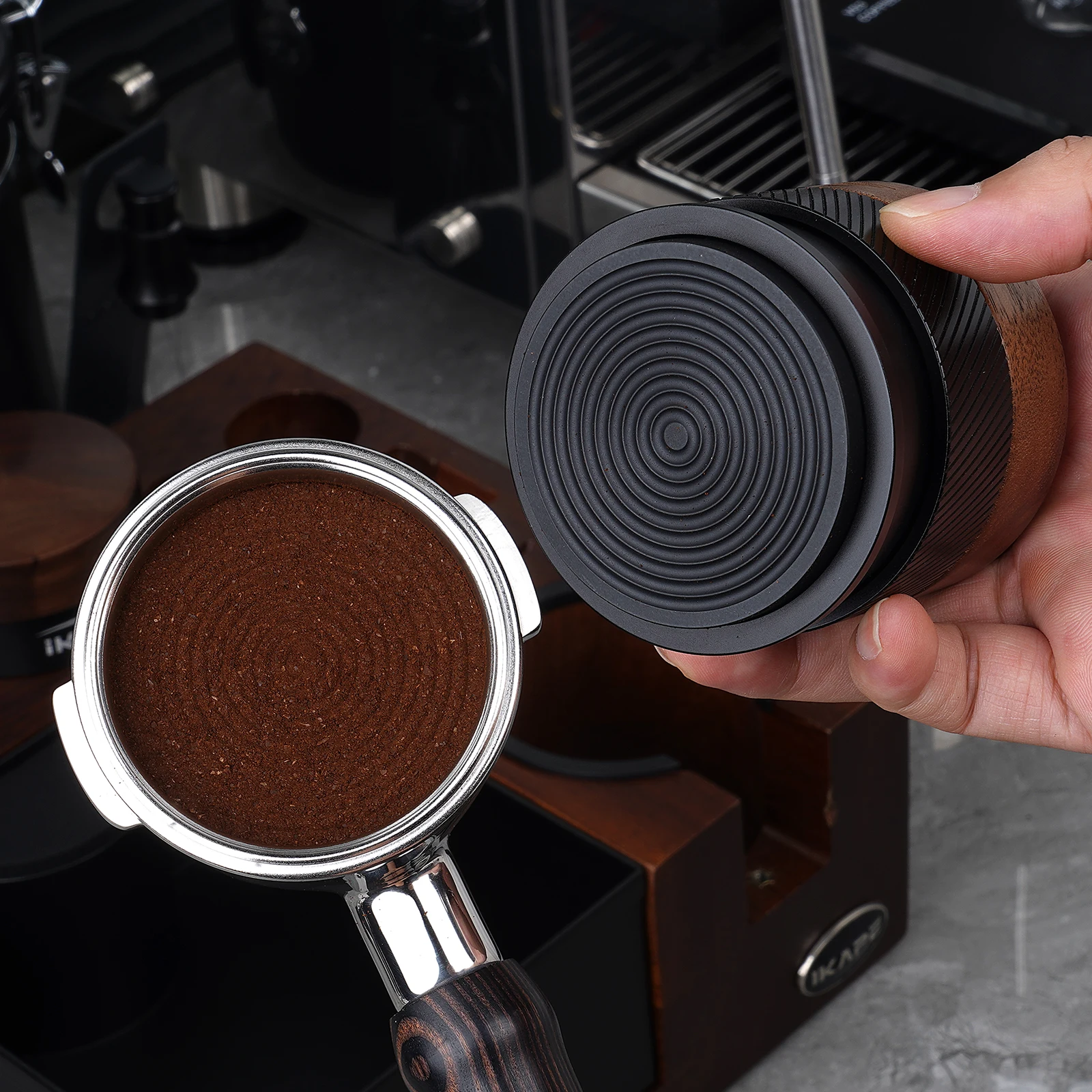 IKAPE Espresso Wooden Calibrated Tamper, Coffee Walnut Tamper with Titanium PVD Coating Base and Spring Loaded Fit 51/54/58mm