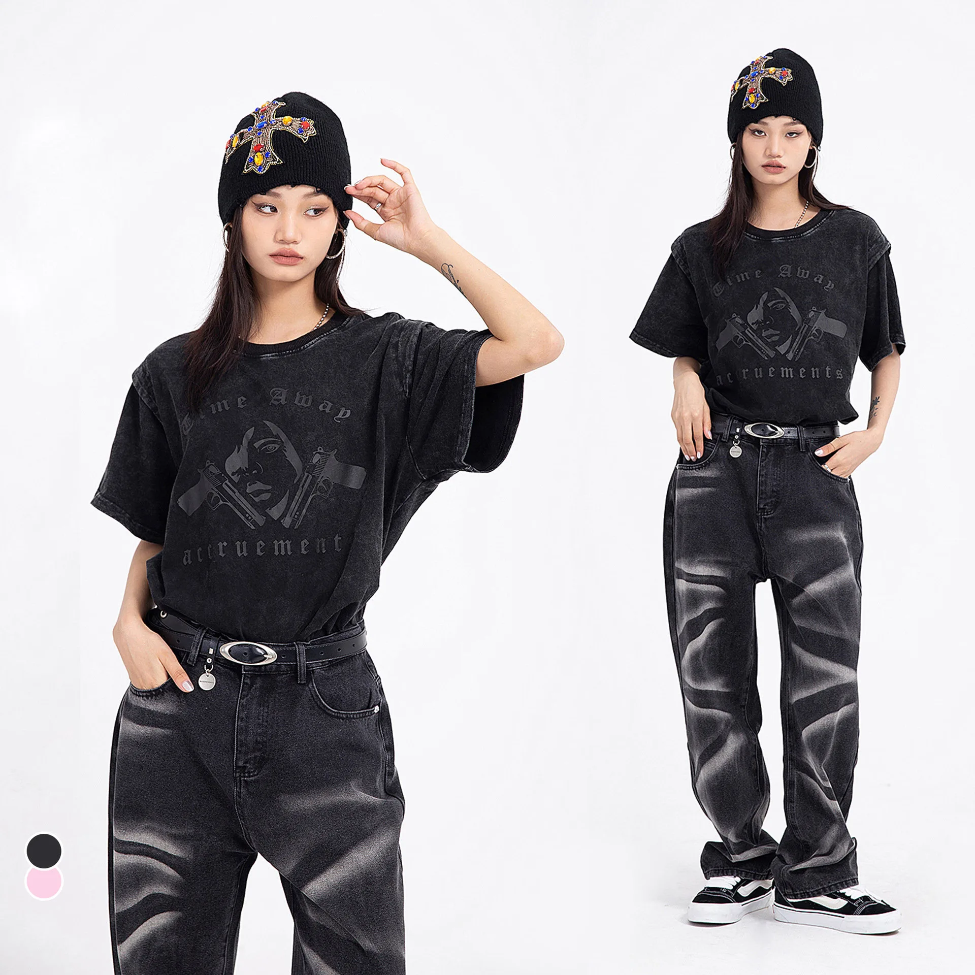 New Retro Retro Spicy Girls Short Sleeve T-shirt Women's Loose Fake Two Sleeve Design Wash Water Short Sleeve T-shirt