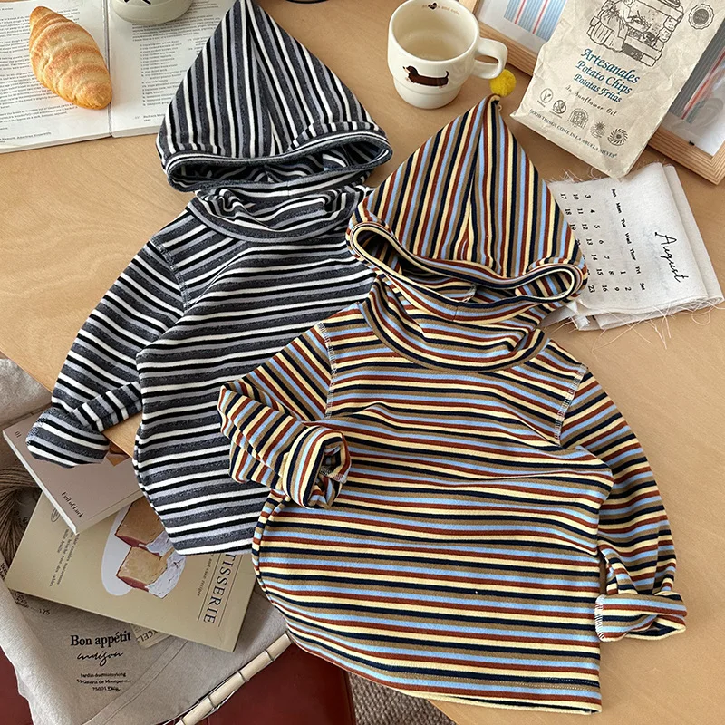

2025 Winter Children 1-6Y Girls Sweatshirt Hooded Striped Warm Kids Baby Girls T-Shirts 2color Casual Toddler Girls Shirt