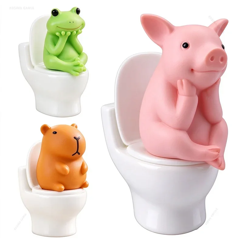 Funny Resin Statue Cute Sitting on Toilet Animal Figurines Mini Capybara Frog Pig for Bathroom Desktop Home Decor Creative Gift