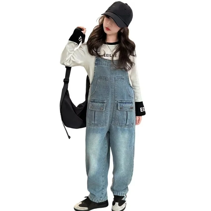 

Spring Kids Overalls Slim Trousers Girls Suspender Bib Denim Pants Teenage Jeans Jumpsuit Clothes Children Clothing 5-14Years