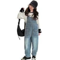 Spring Kids Overalls Slim Trousers Girls Suspender Bib Denim Pants Teenage Jeans Jumpsuit Clothes Children Clothing 5-14Years